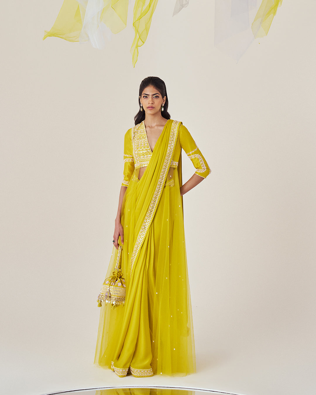 Silk Satin Georgette Saree: Embroidered Blouse with Net Veil