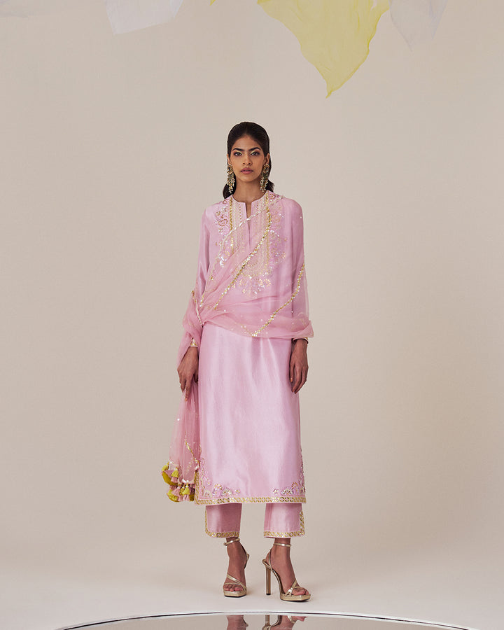 Silk Kurta Set: with Elegant Embroidered Pants & Dupatta