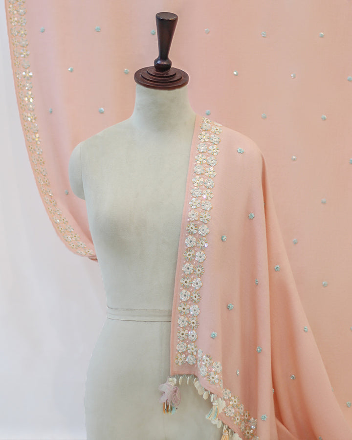 Shimmering Pashmina Shawl with Floral Embellishment and Shell Accents