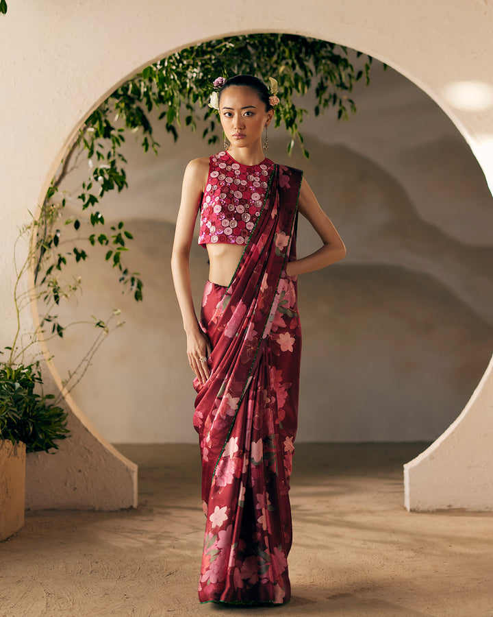 Stok Scarlet Floral Sari with wanla wildflower crop top