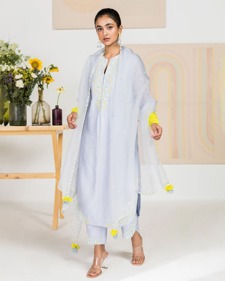 Misty Blue Silk Chanderi Kurta Set (JNPL 11)