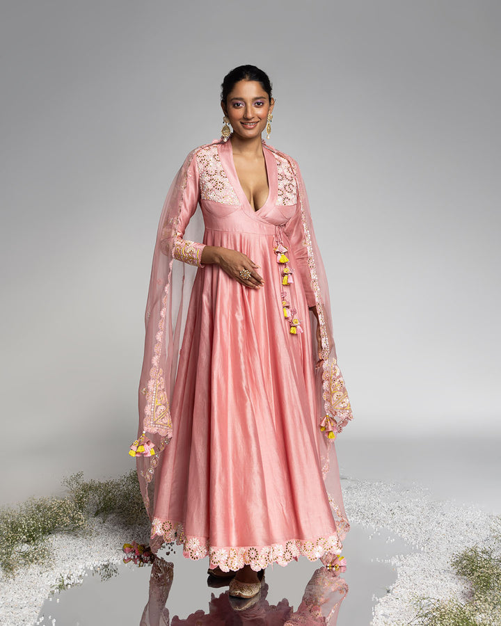 QUARTZ PINK ANGRAKHA WITH CHOLI INSPIRED YOKE  (MZANK02)