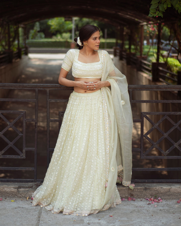 SRISHTI SHRIVASTAVA IN LIME ORGANZA BLOCK PRINTED LEHENGA SET