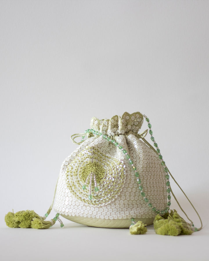 The Dahlia sequin Potli in sea foam lime