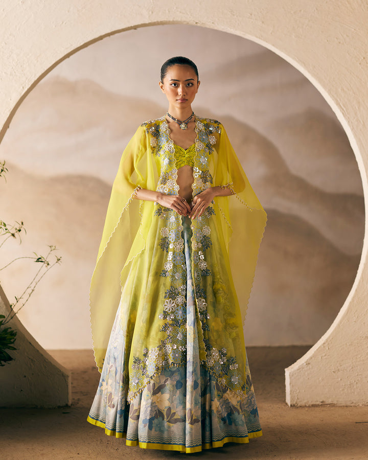 INDUS SUNSET LEHENGA WITH SILK ORGANZA CAPE