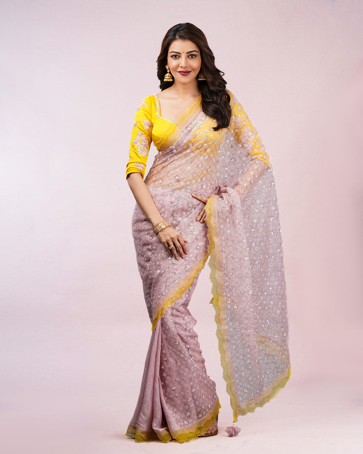 KAJAL AGARWAL IN MAUVE SILK ORGANZA BLOCK PRINTED SAREE