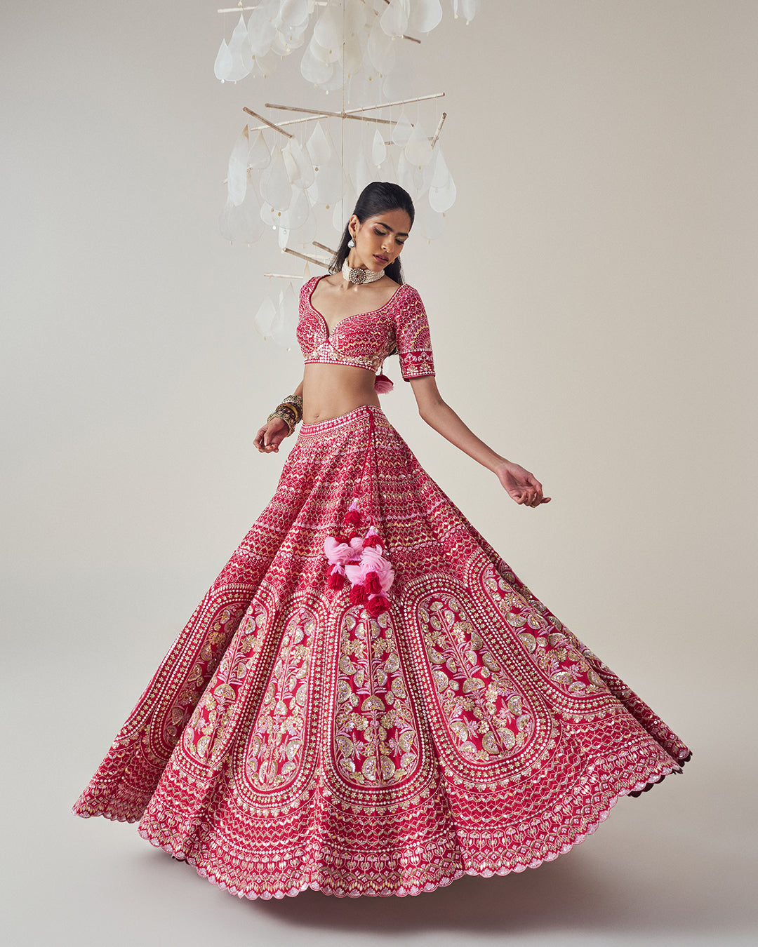 Silk Dupion Bridal Lehenga Set: Paired with a Short Embroidered Veil & Silk Organza Dupatta