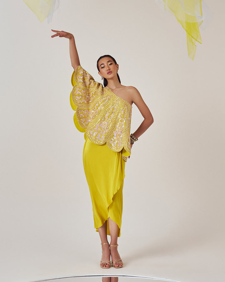 Regal Petal-Inspired One-Shoulder Top: Paired with Ochre Yellow Stretch Satin Tulip Skirt