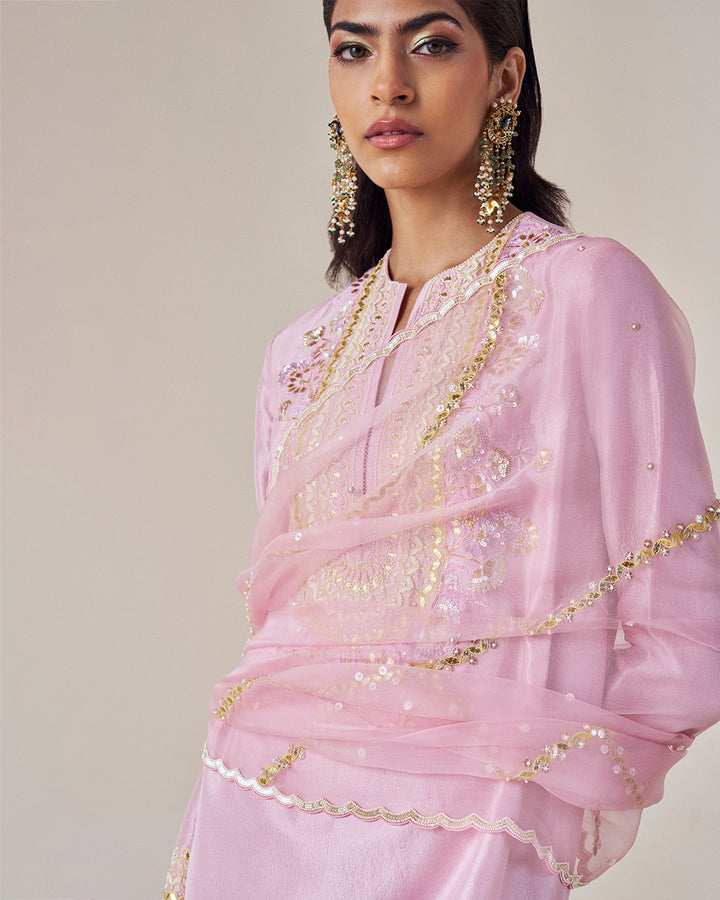 Silk Kurta Set: with Elegant Embroidered Pants & Dupatta