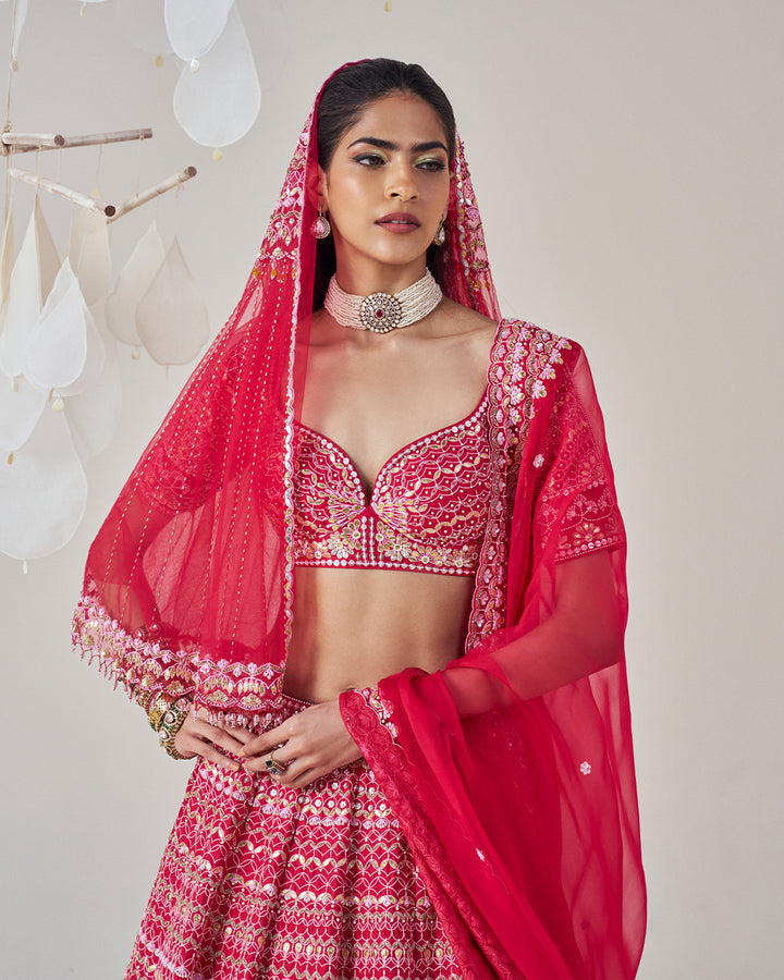 Silk Dupion Bridal Lehenga Set: Paired with a Short Embroidered Veil & Silk Organza Dupatta