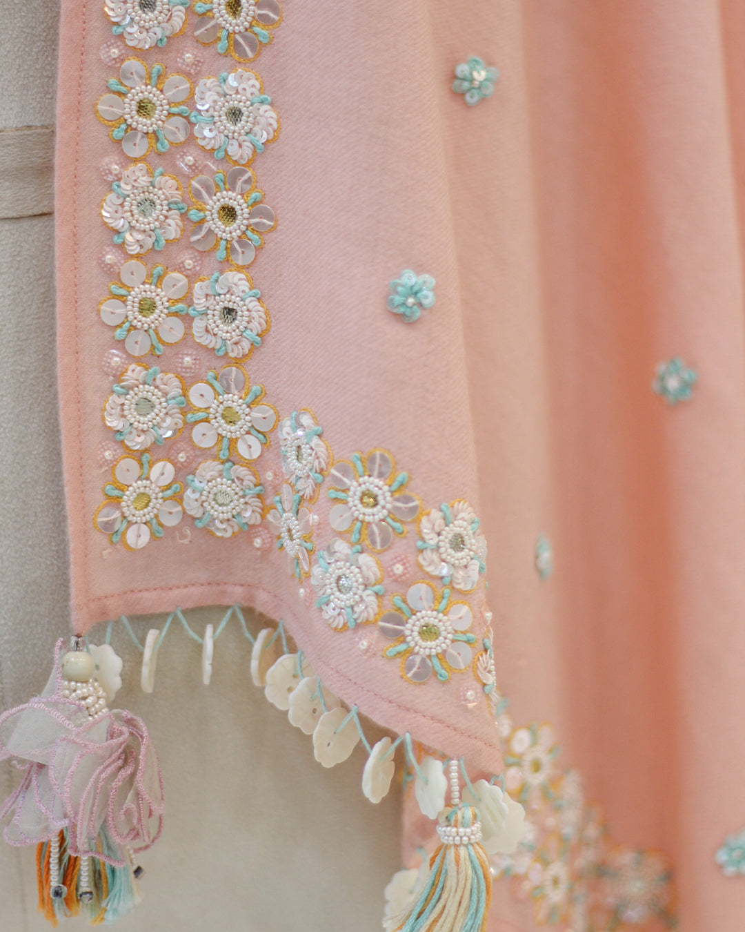 Shimmering Pashmina Shawl with Floral Embellishment and Shell Accents