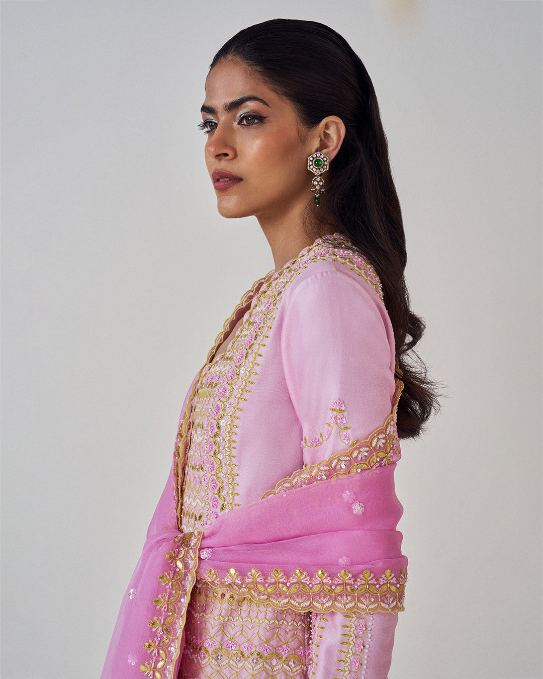 Short Jacket Style Top & Sharara Ensemble: with Silk Organza Dupatta