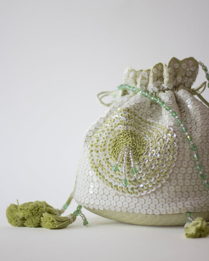 The Dahlia sequin Potli in sea foam lime