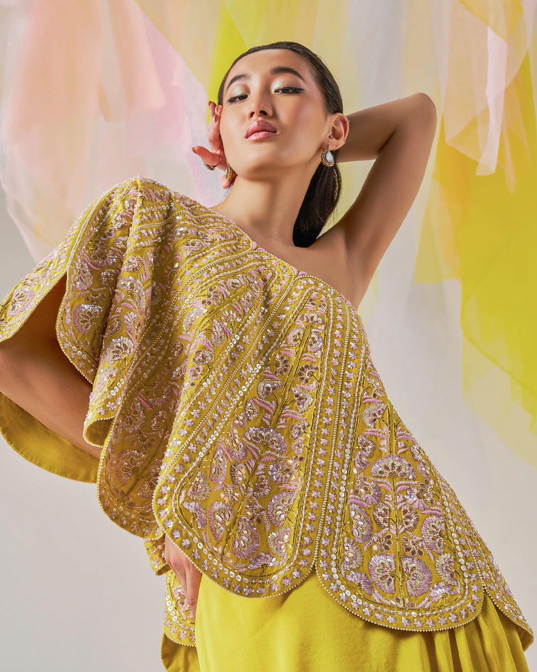 Regal Petal-Inspired One-Shoulder Top: Paired with Ochre Yellow Stretch Satin Tulip Skirt