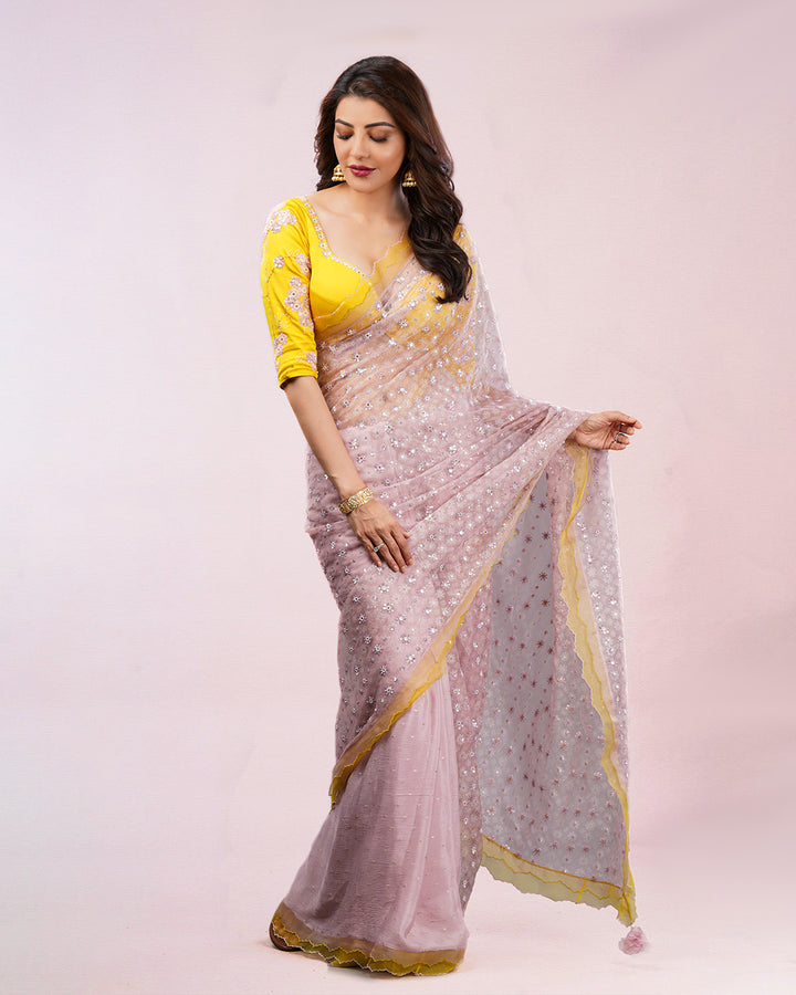 KAJAL AGARWAL IN MAUVE SILK ORGANZA BLOCK PRINTED SAREE