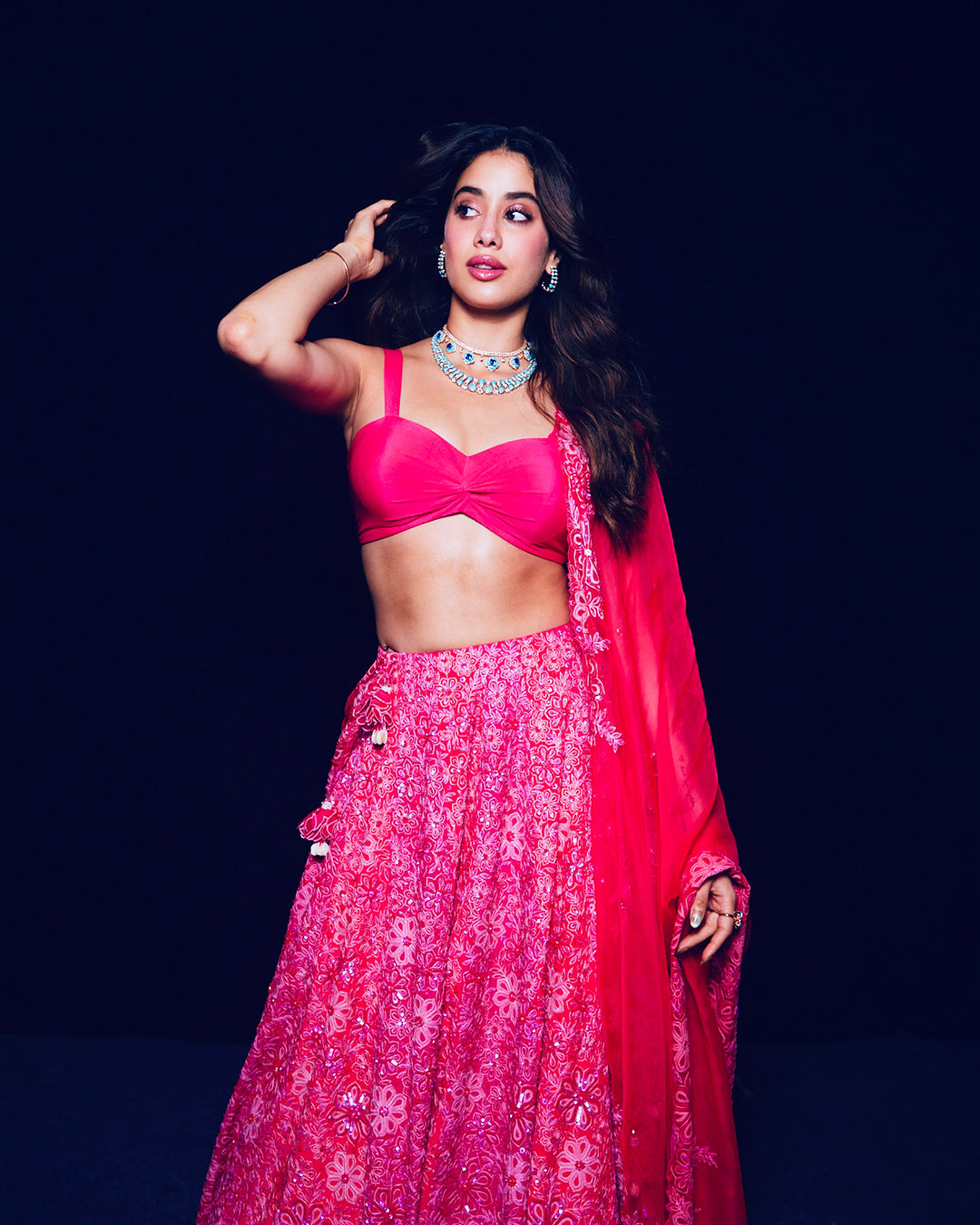 Janhvi Kapoor in Silk Rose Garden Lehenga Set