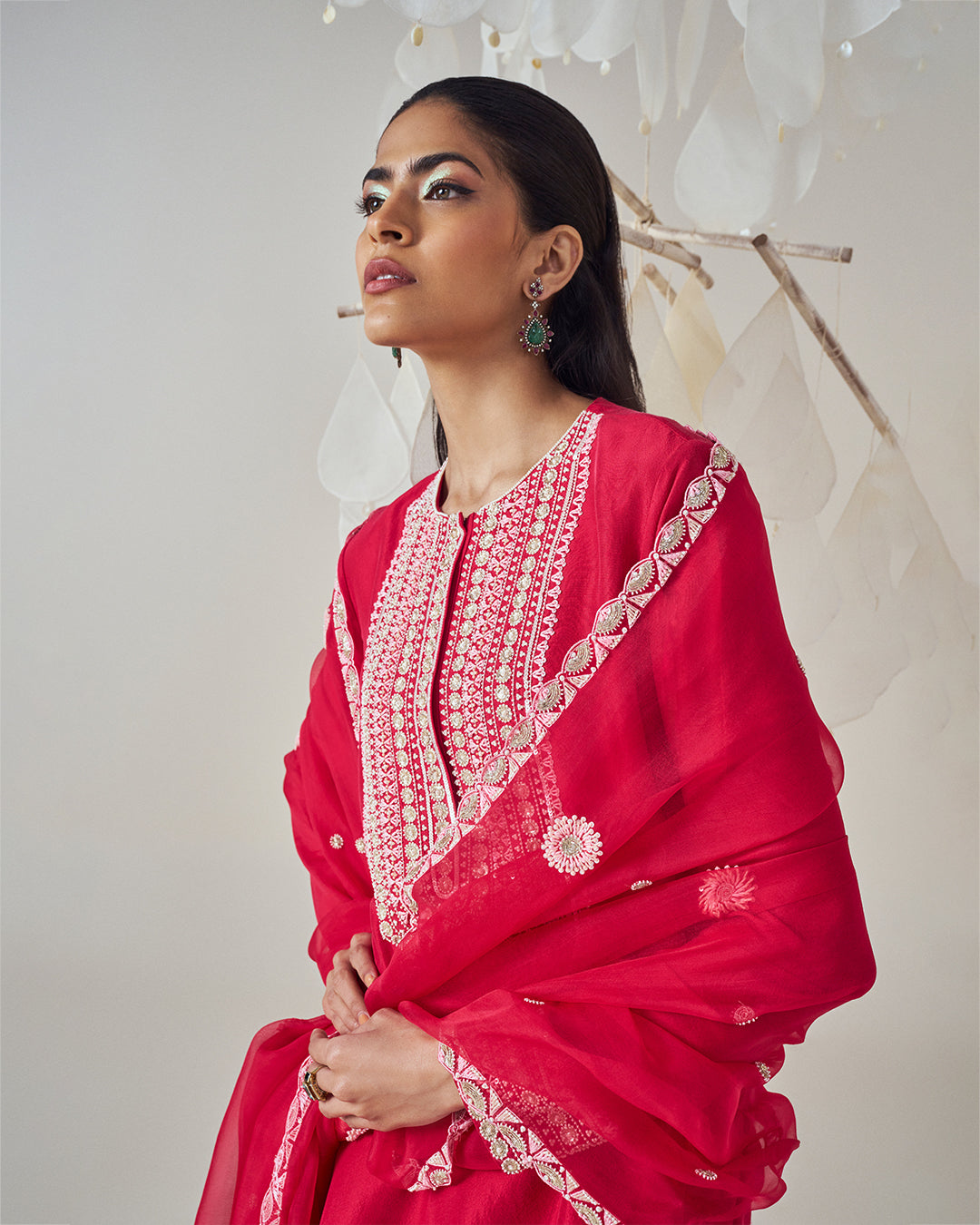 Silk Straight Kurta & Wide Leg Pants Set: Paired with Silk Organza Dupatta