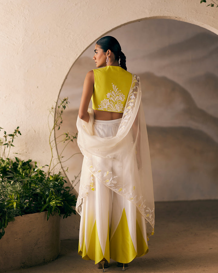 POPLAR PETAL PANTS WITH GOLDEN POPPY TANK AND KHA(SNOW) APPLIQUE DUPATTA