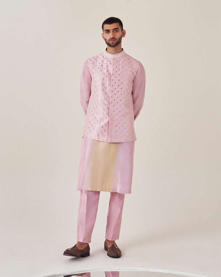 Lilac Silk Dupion Kurta with Olive Detailing