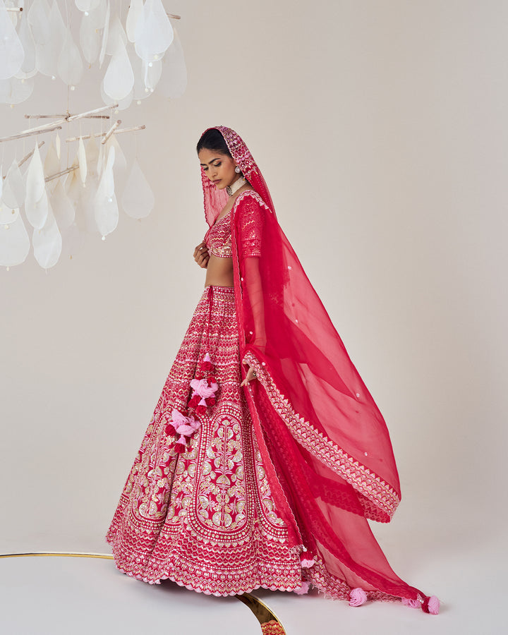 Silk Dupion Bridal Lehenga Set: Paired with a Short Embroidered Veil & Silk Organza Dupatta