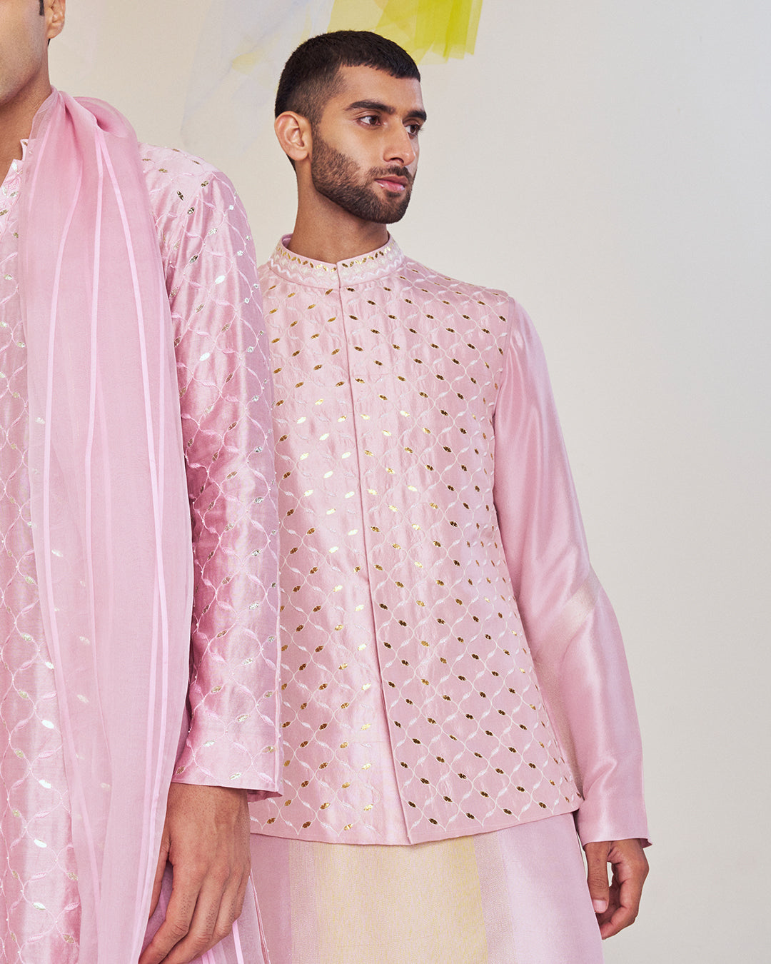 Lilac Silk Dupion Kurta with Olive Detailing