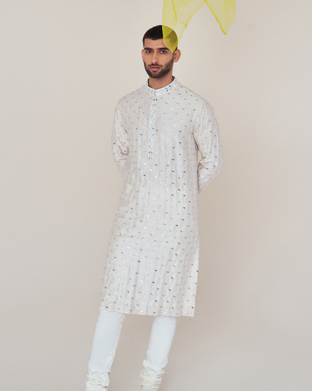 Silk Chanderi Ivory hand-embroidered kurta