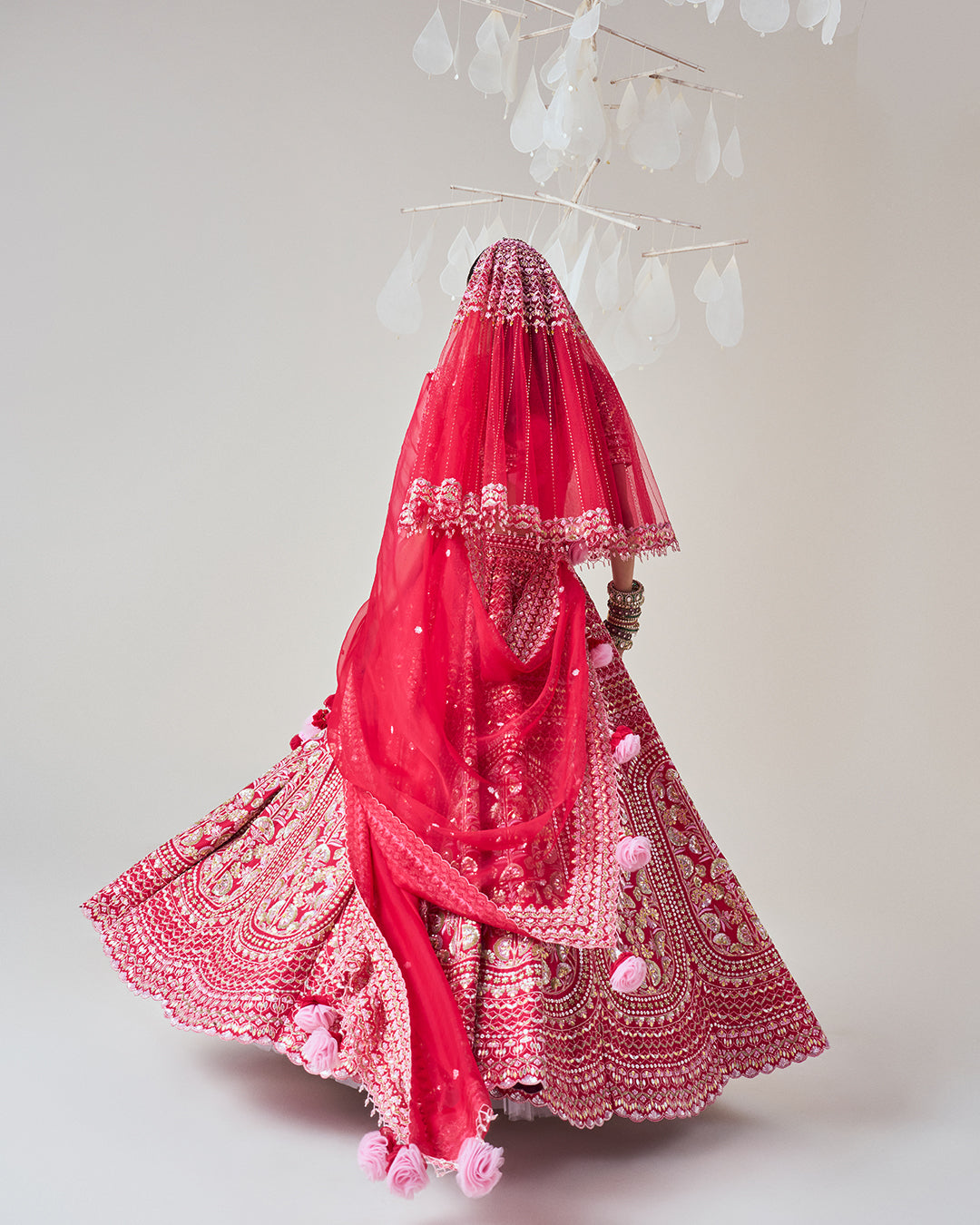 Silk Dupion Bridal Lehenga Set: Paired with a Short Embroidered Veil & Silk Organza Dupatta