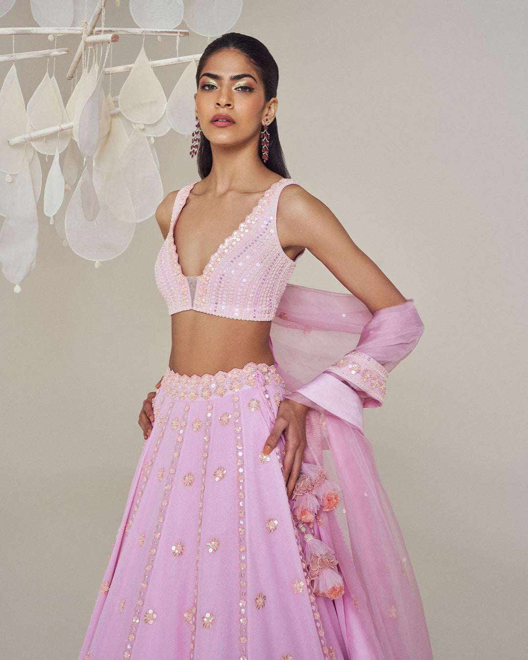 Silk Chanderi Lehenga Set: Paired with Sleeveless Silk Blouse & Silk Organza Dupatta