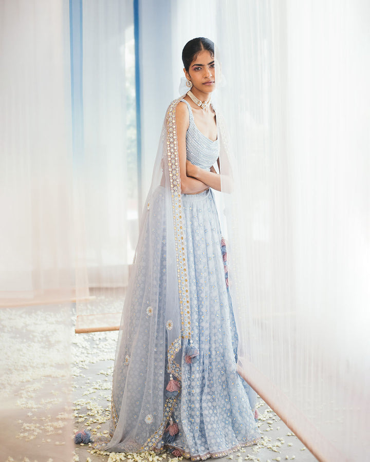 MISTY BLUE ORGANZA BLOCK PRINTED LEHENGA (WCLH02)