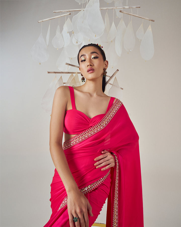 Silk Satin Georgette Saree: Paired with a Twist Knot Blouse