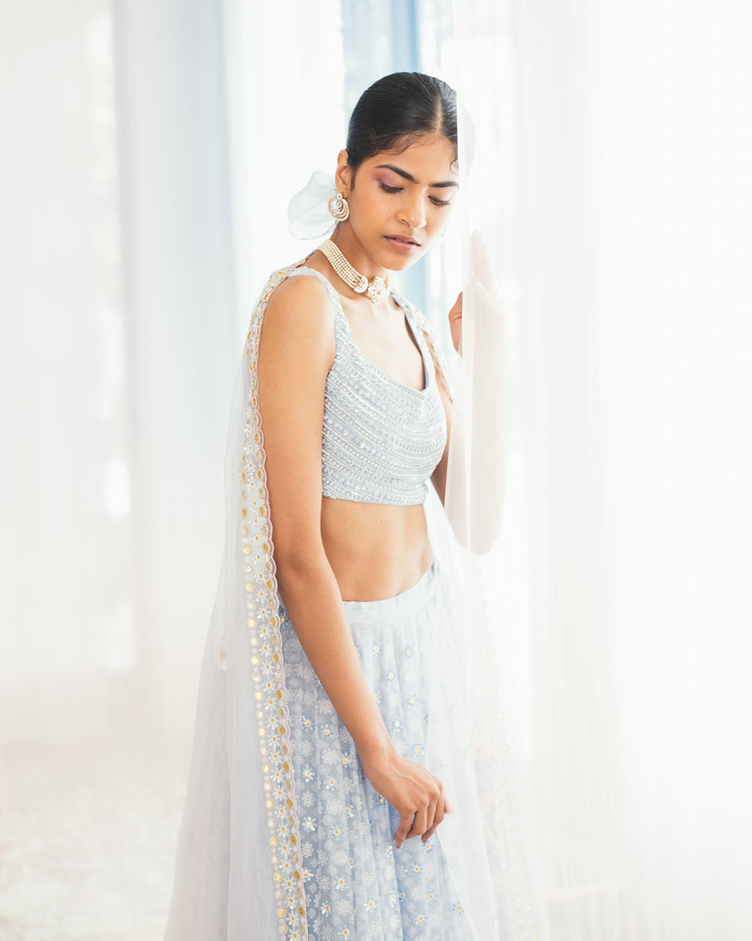 MISTY BLUE ORGANZA BLOCK PRINTED LEHENGA (WCLH02)