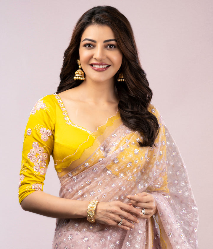 KAJAL AGARWAL IN MAUVE SILK ORGANZA BLOCK PRINTED SAREE