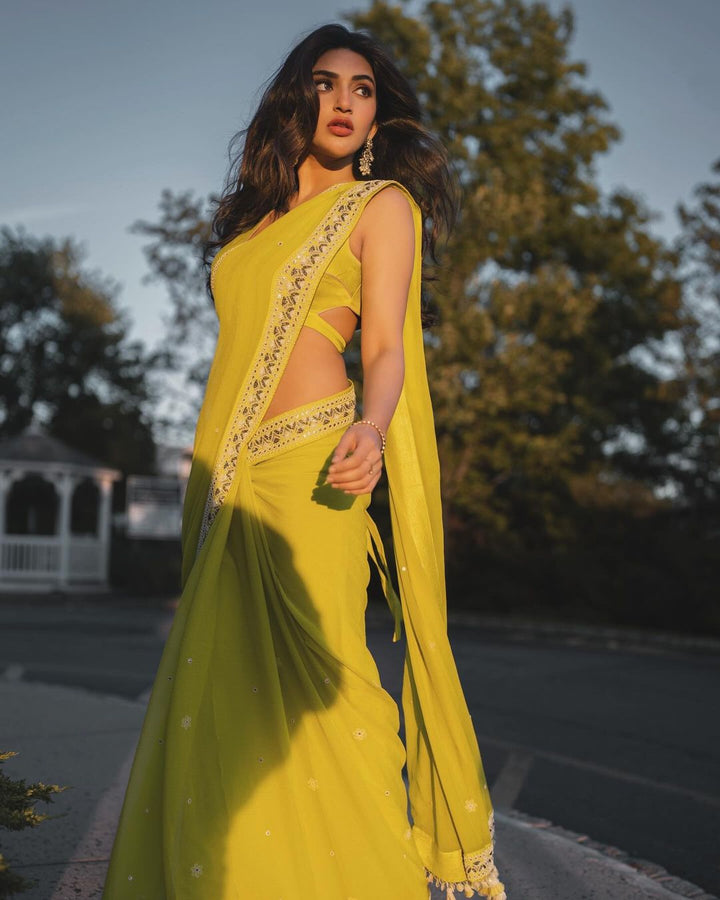 Sreeleela in Spring Green Silk Chiffon Saree