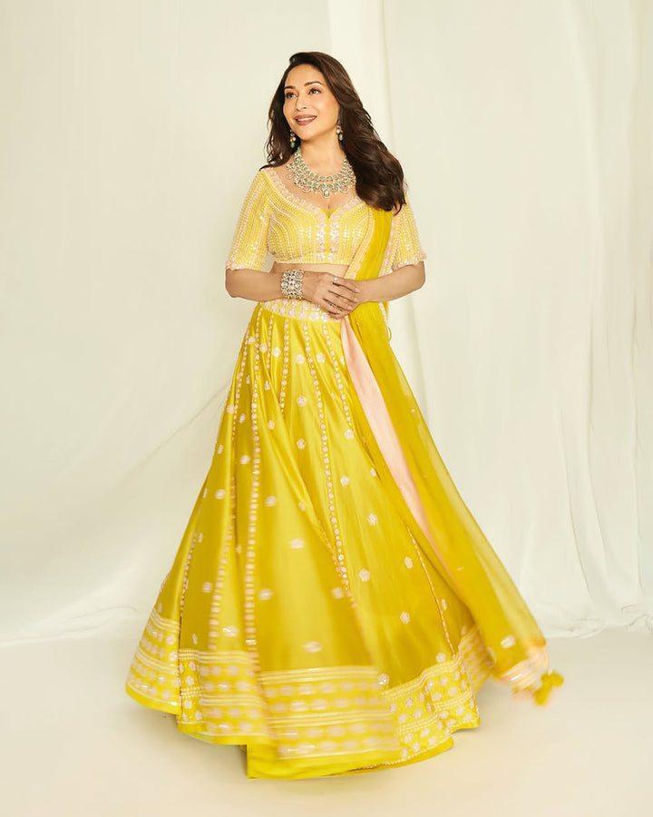 MADHURI DIXIT IN SUNSHINE YELLOW SILK LEHENGA SET